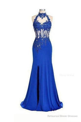 2025 Blue Mermaid/Trumpet Halter Sleeveless Natural Stretch Satin Prom Dresses